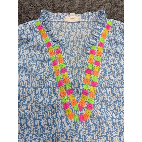 THML Womens Blue White Abstract Print Flutter Sleeve Neon Embroidered Blouse M - Picture 4 of 6